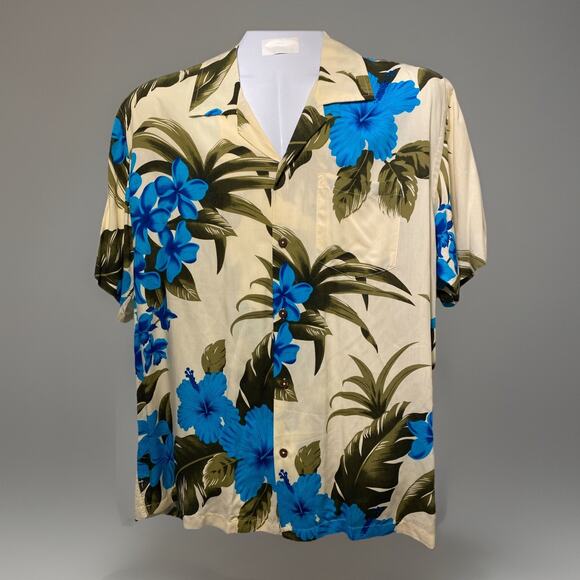 Mens L Hawaiian Button Up Shirt Favant Blue Floral Print 50" chest - Picture 1 of 5